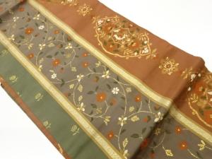 縞に鳥・花唐草模様織出し名古屋帯